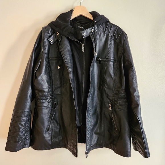 Women's Removable Hood Faux Leather Jacket XXL in Black - Picture 2 of 16